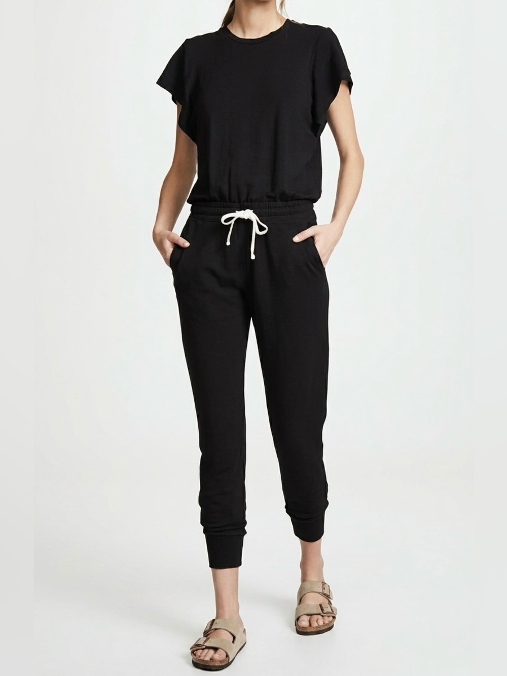 MONROW‎ Supersoft Black Drawstring Jogger Jumpsuit Sz S Athleisure Lounge Travel